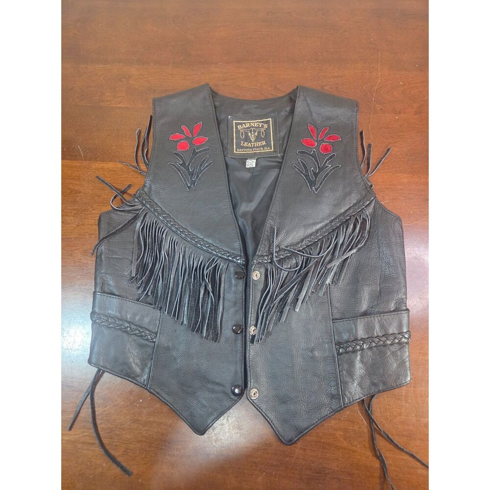 Barneys Leather Womens XL Fringe Biker Vest Red Flower Concho Lace Up